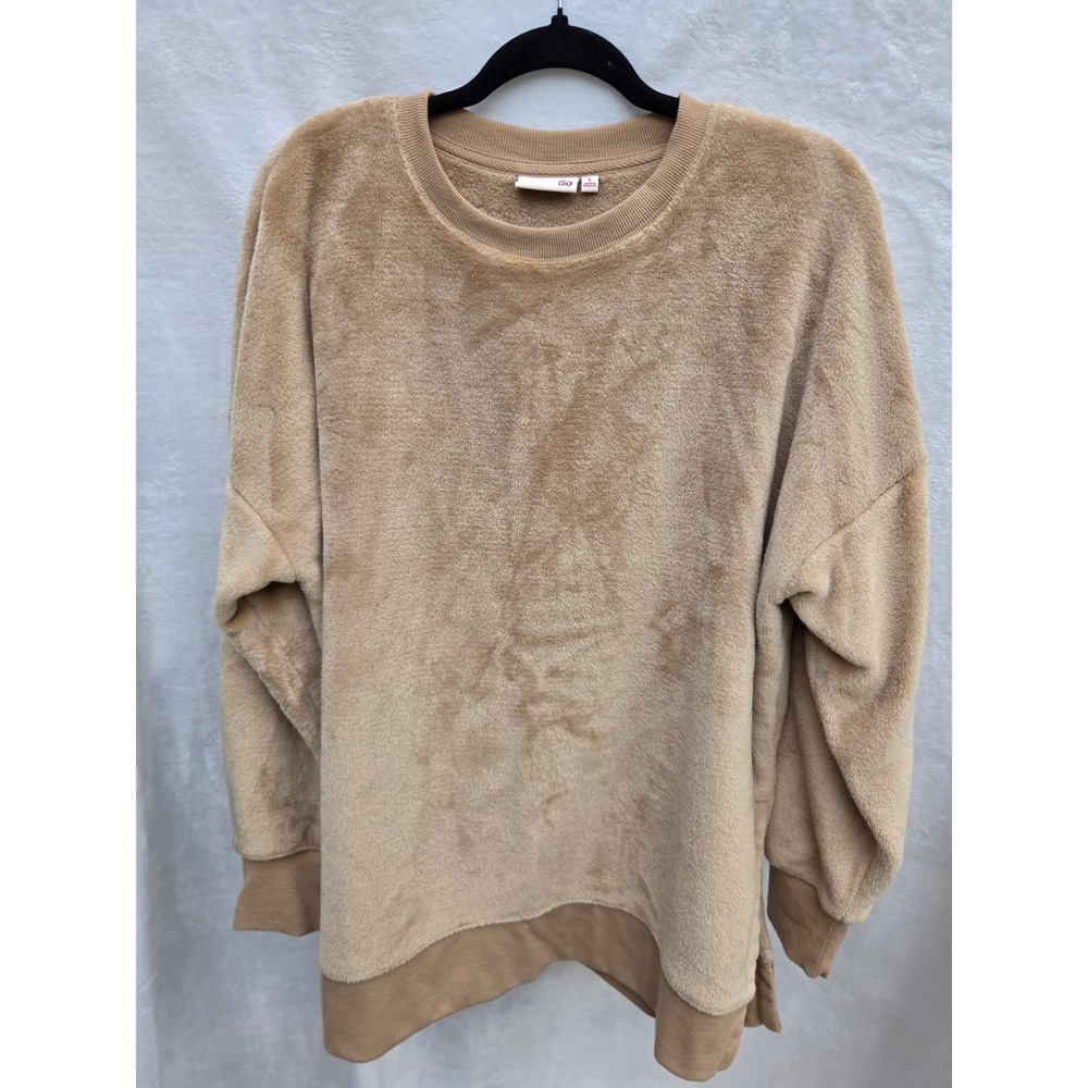 SO‎ Faux Fur Sweatshirt Womens Large Tan Good Plush Crewneck Ribbed Trim
